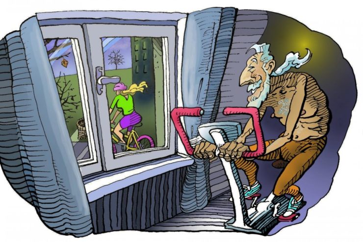 Ilustracja rehabilitacji ruchowej seniorów na rowerze stacjonarnym
