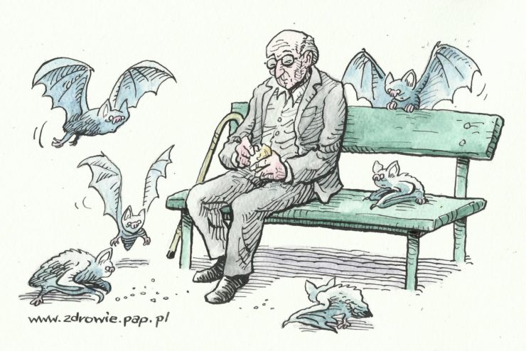 Ilustracja seniora siedzacego na ławce i karmiącego nietoperze