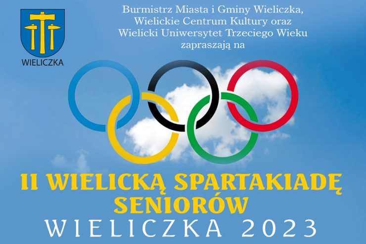 Obrazek promujący 2. Wielicką Spartakiadę Seniorów. Wieliczka 2023. Znajduje się na nim Miasta Wieliczka i nazwa imprezy oraz pięć kółek olimpijskich na tle pogodnego nieba.