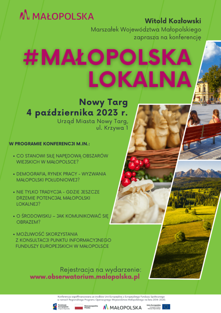 Plakat promujący konferencję #Małopolska Lokalna, która odbędzie się w dniu 4 października 2023 r. w Nowym Targu, w siedzibie Urzędu Miasta Nowy Targ przy ulicy Krzywej 1