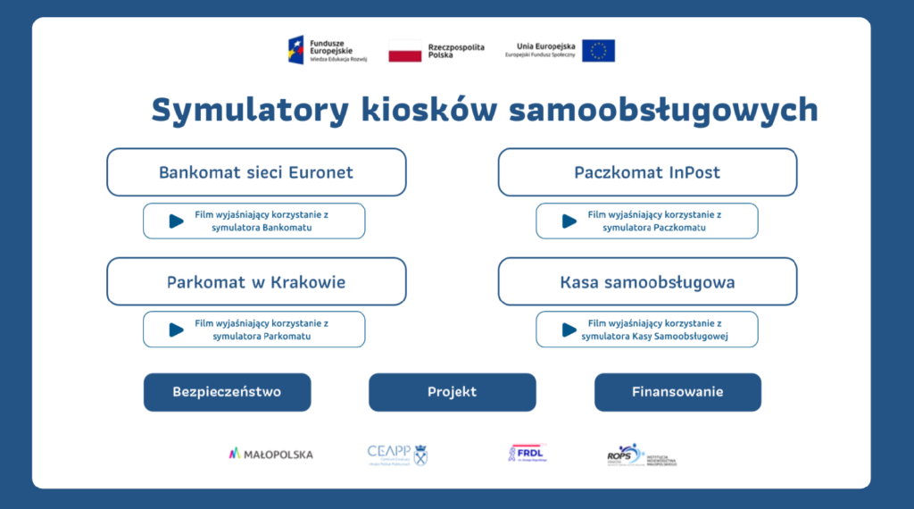 Internetowy symulator kiosków samoobsługowych: bankomat sieci Euronet, paczkomat InPost, parkomat w Krakowie i kasa samoobsługowa