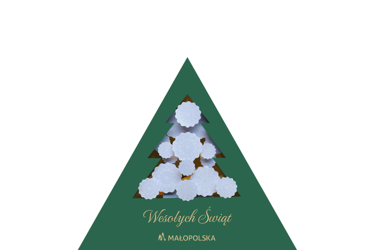 Grafika bożonarodzeniowa. Wycinanka w kształcie choinki z napisem: Wesołych Świąt. Małopolska